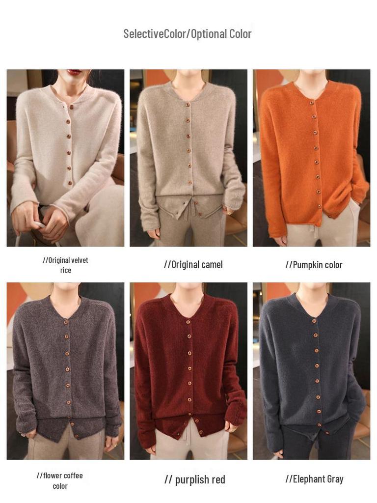 2024 Women's Loose V-Neck Pure Wool Knit Cardigan - Autumn/Winter Plus Size French Style Outerwear