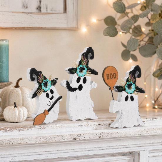 Witch Hat Table Decorations 3Pcs Halloween Decoration, Black Cat Ghost Decor, Figurines Rustic Farmhouse Wooden Centerpieces for Home Office