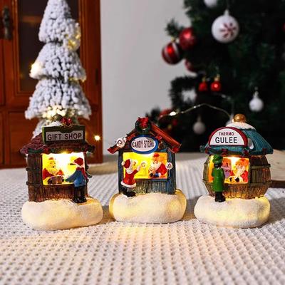Christmas LED House Pine Needles Snow Christmas Snowman Luminous Decoration Resin Santa Claus Shop Micro Landscape Ornaments