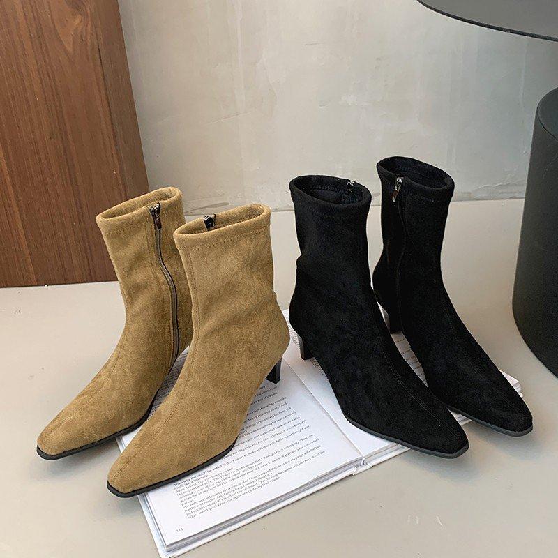 Side Zipper Martin Boots Women's Single Boots 2025 Autumn Frosted Coarse Heel Small Short Boots Leather Square Head Elastic High Heel Skinny Boots