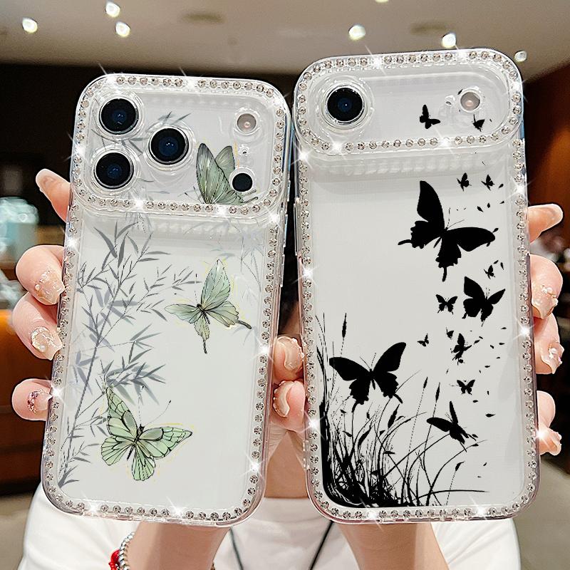 Diamond Case For iPhone 17 Pro Max Crystal Butterfly Print Clear TPU Silicone Soft Cover For iPhone 16 Pro Max 15 14 13 11