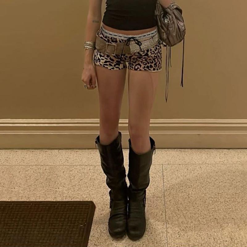 Sommar Grunge Short Leopard Sexiga spetsjeans Dam Estetisk Y2k Rosett Skinny Streetwear Byxor Kvinnlig Vintage A-linje Slim Shorts Kläder