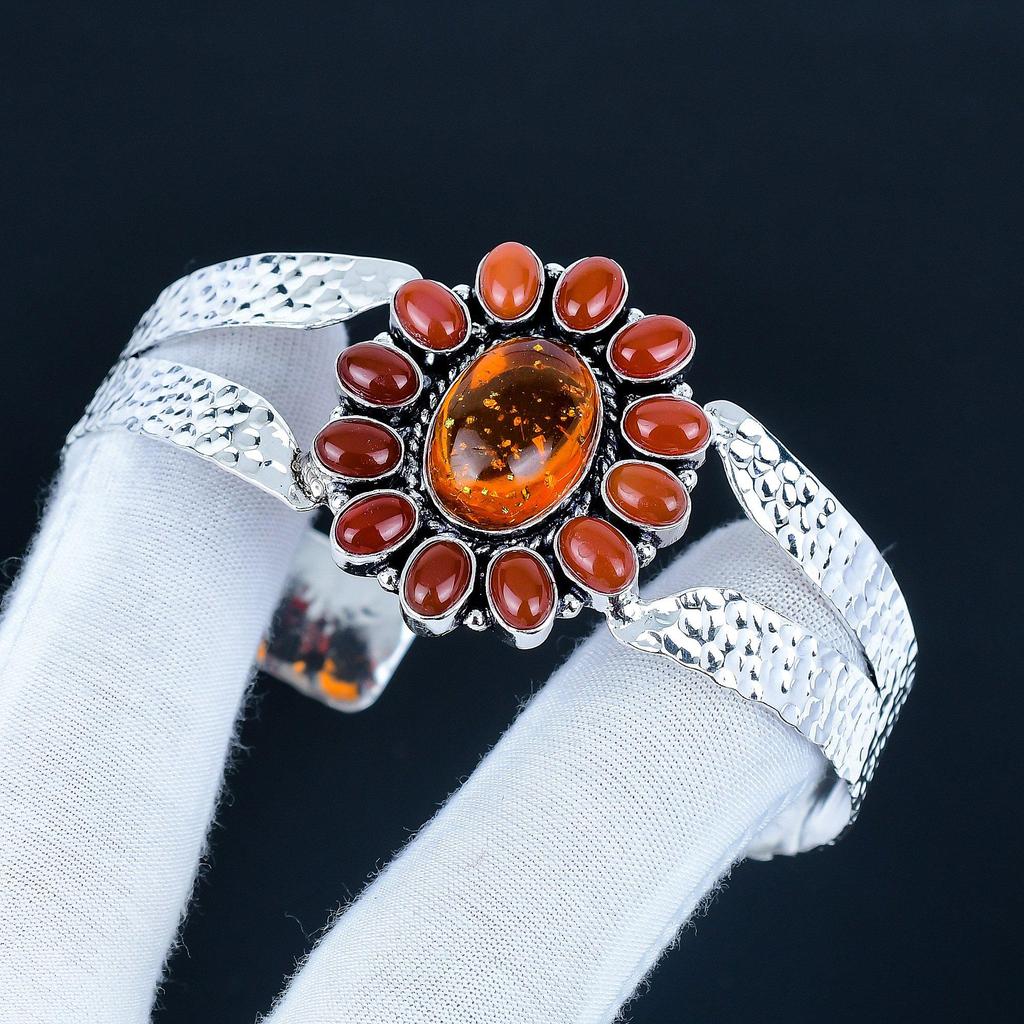 Natural Carnelian Gemstone Handmade Cuff Bangle 925 Sterling Silver Cuff Bangle, Baltic Amber Flower Shape Bracelet For Wife, Unisex Bangle, Gift