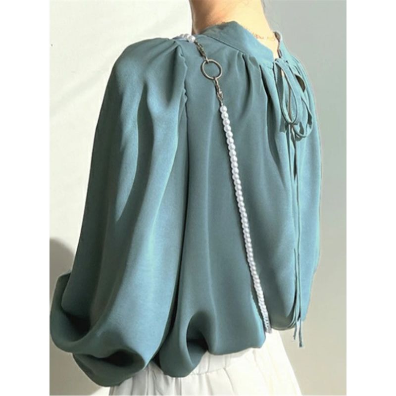 Cross-Border Japanese and Korean Sweet Fashion Commuter Ol Spring/Summer New Arrival Stand Collar Not Wrinkle Loose Bubble Long Sleeve Chiffon Shirt