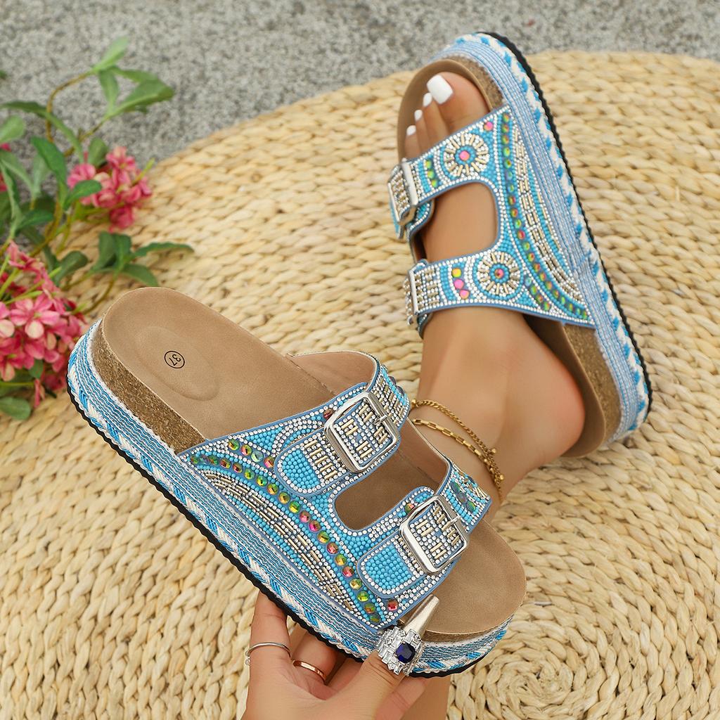 Ins New Thick-soled Hemp Rope Metal Buckle Rhinestone Cork Beach Slippers Large Size Shoes