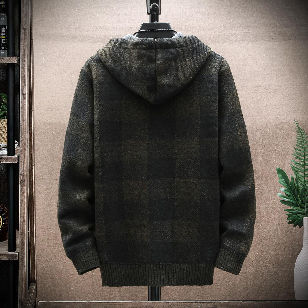 Fleece Autumn Men's Winter Plaid Hooded Sweater Cardigan Coat Warm Knitted Jacket