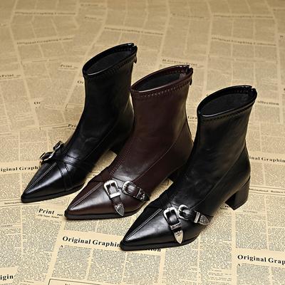 Retro Pointed Punk Style Thick Heel Short Boots Women's New European and American Thin Boots Rear Zipper Martin Boots Women