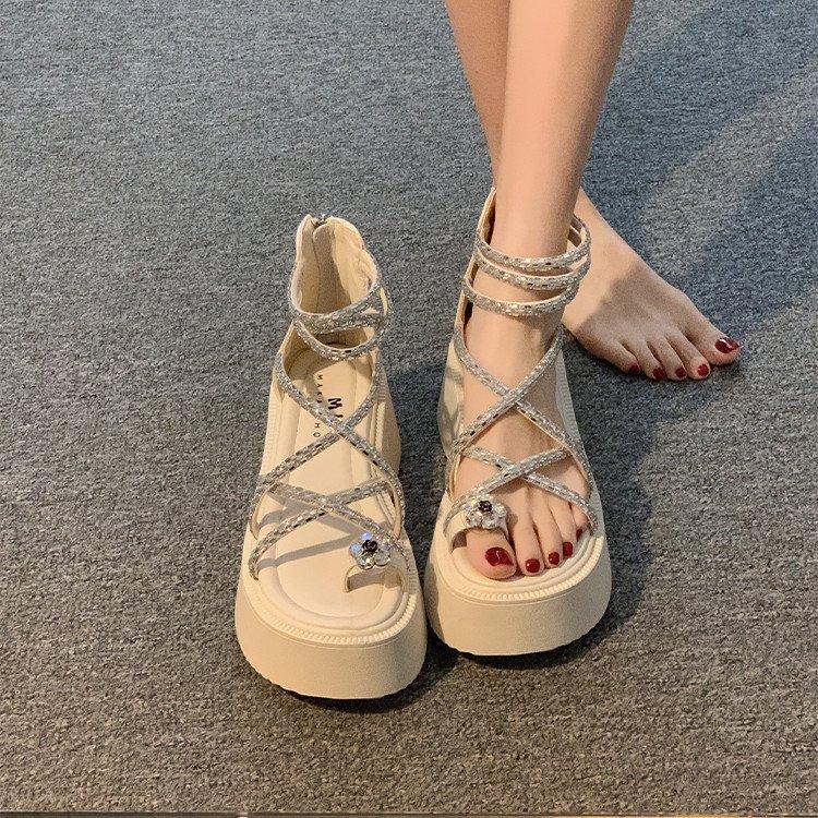 

Mezzanine muffin sandals women s high sense 2025 summer new versatile small man thick-soled heightening Roman rhinestone sandals 40