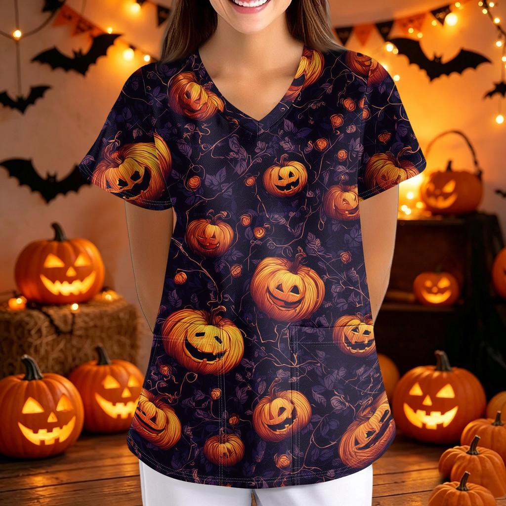 Women's Halloween Print Loose Fit V Neck Pocket Short Sleeve Medical Scrub Top Nurse Uniform Workwear