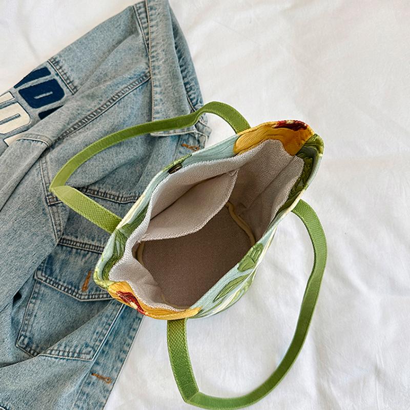 Floral Pattern Canvas Bucket Bag Women'S Shoulder Bag Casual Large Capacity Handbag