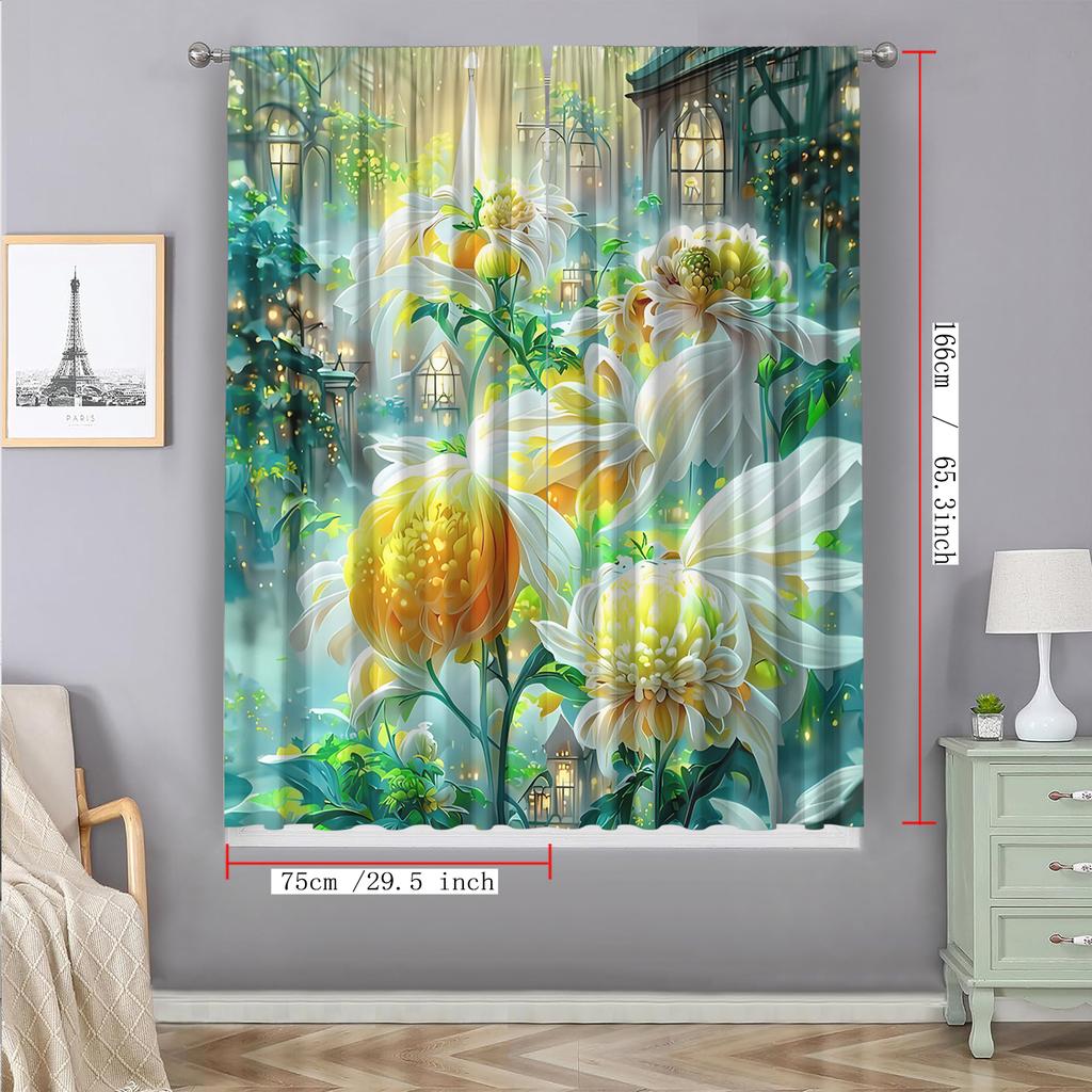 2PC Home Decoration Curtains With Dreamy Floral Background And Rod Pocket Curtains, Suitable For Kitchens, Cafes, Living Rooms