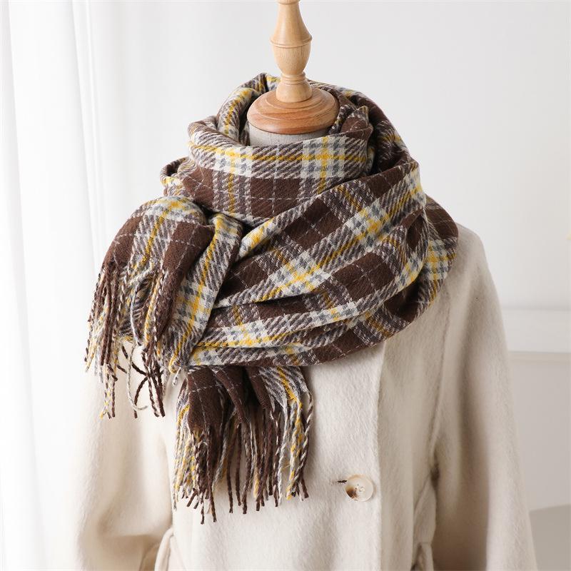 Cachecol Lenço Quente e Frio de Imitação de Caxemira Moda Outono e Inverno High-End Xadrez Elegante Versátil Cachecol com Franjas