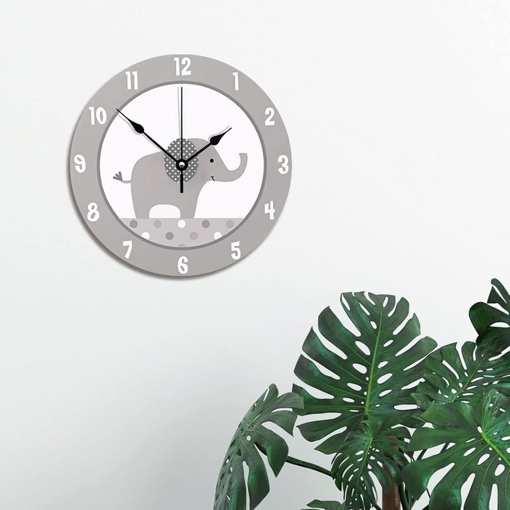 ArogGeld Gray and White Elephant Wall Clock Nursery Wood Clock 10 Inch Silent Non-Ticking Wooden Wall Clocks Battery Operated Living Room Bedroom