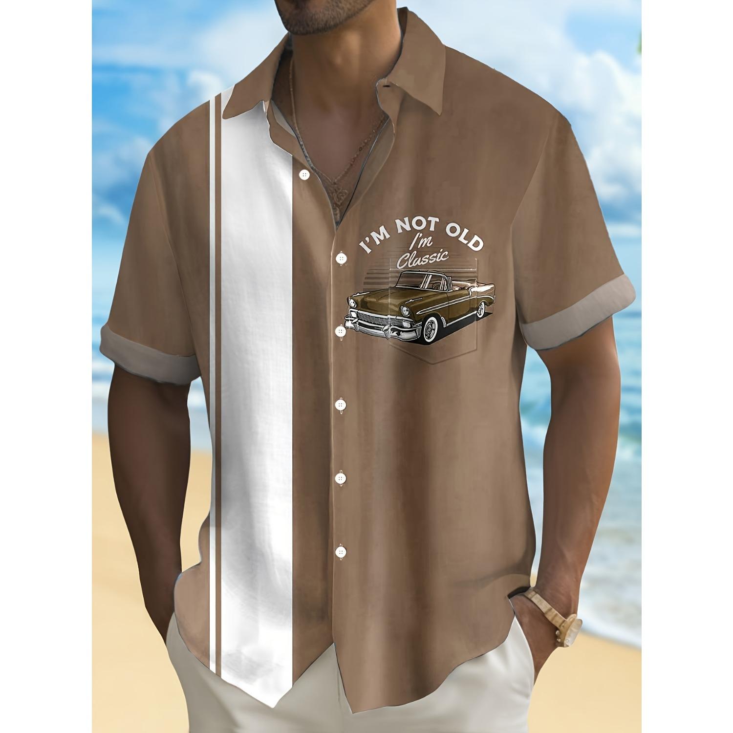 

Винтажная рубашка с контрастным полосатым принтом в виде старинного автомобиля, мужская рубашка больших размеров с карманом на пуговицах 4XL
