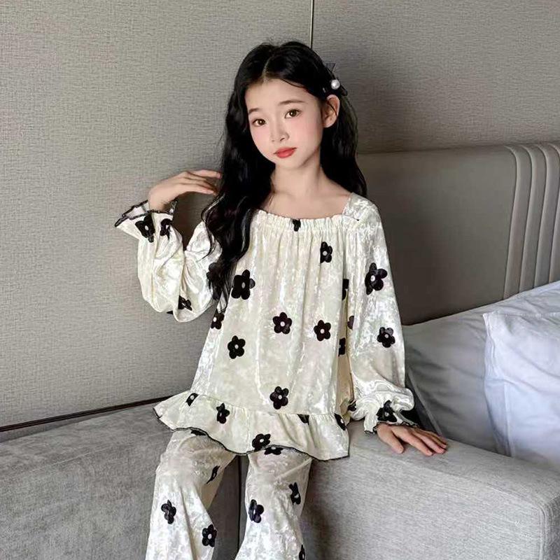 Czarny Piżamowy Zestaw z Złotego Weluru w Kwiaty dla Dziewczynek - Nowość Wiosna/Jesień 2025