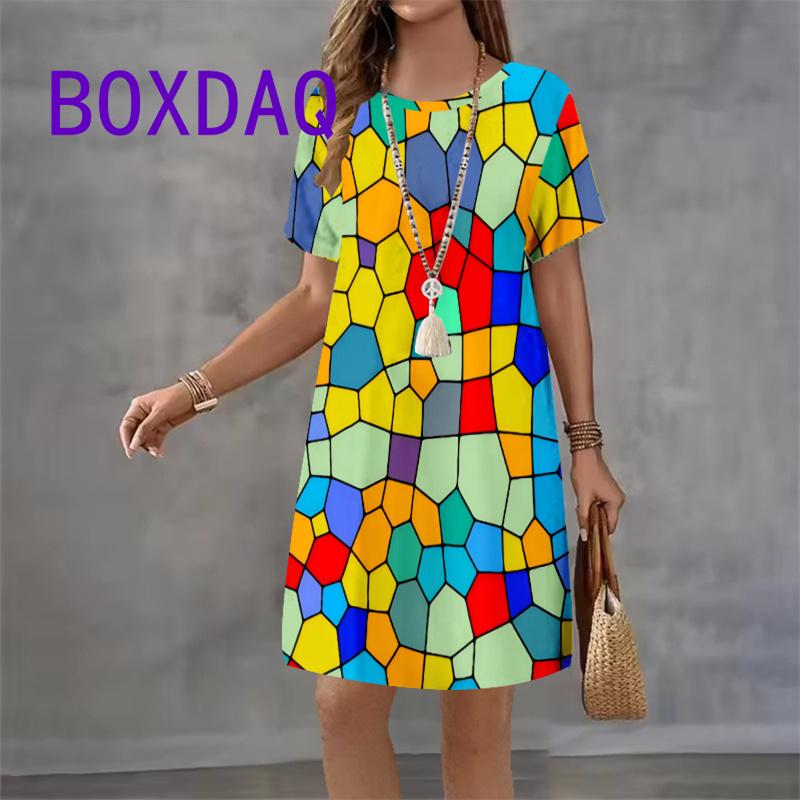 Colorful Geometric Printing Women Fashion Dress Summer Short Sleeve O-Neck Loose A-Line Dress Street Female Large Size Sundress
