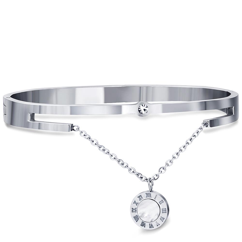 Adjustable European  American Roman Numeral Shell-Inlaid Stainless Steel Bracelet with Laser Engraving Option