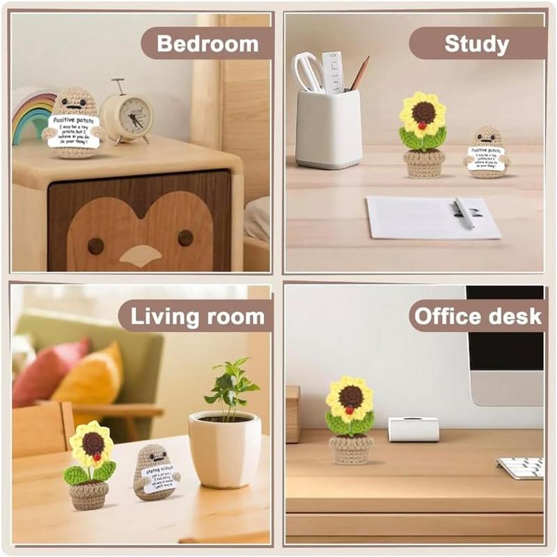 Positives Mini-Kartoffel- und Sonnenblumentopf-Set - handgestrickte Häkelpuppen mit aufmunternder Karte