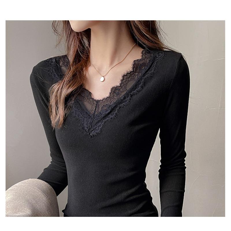 Spitzen-V-Ausschnitt Langarm Unterhemd für Damen, Herbst und Winter, German Velvet Gebürstet Schlankes Design Rechtsschulter T-Shirt