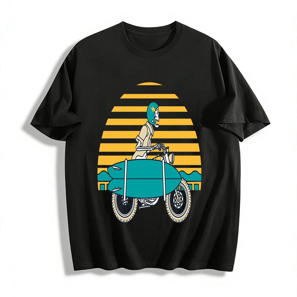Skeleton Rider With Surfboard Retro Casual Short Sleeve Tee Pure cotton T-shirt