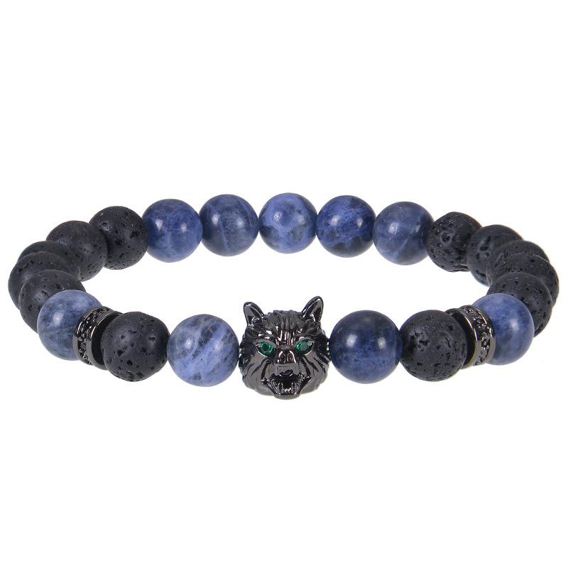Wolf Charm Bracelets Men Natural Black Agates Onyx Stone Bracelet Brave Blue Tiger Eye Elastic 8 Mm Beads  Beaded Pulsera