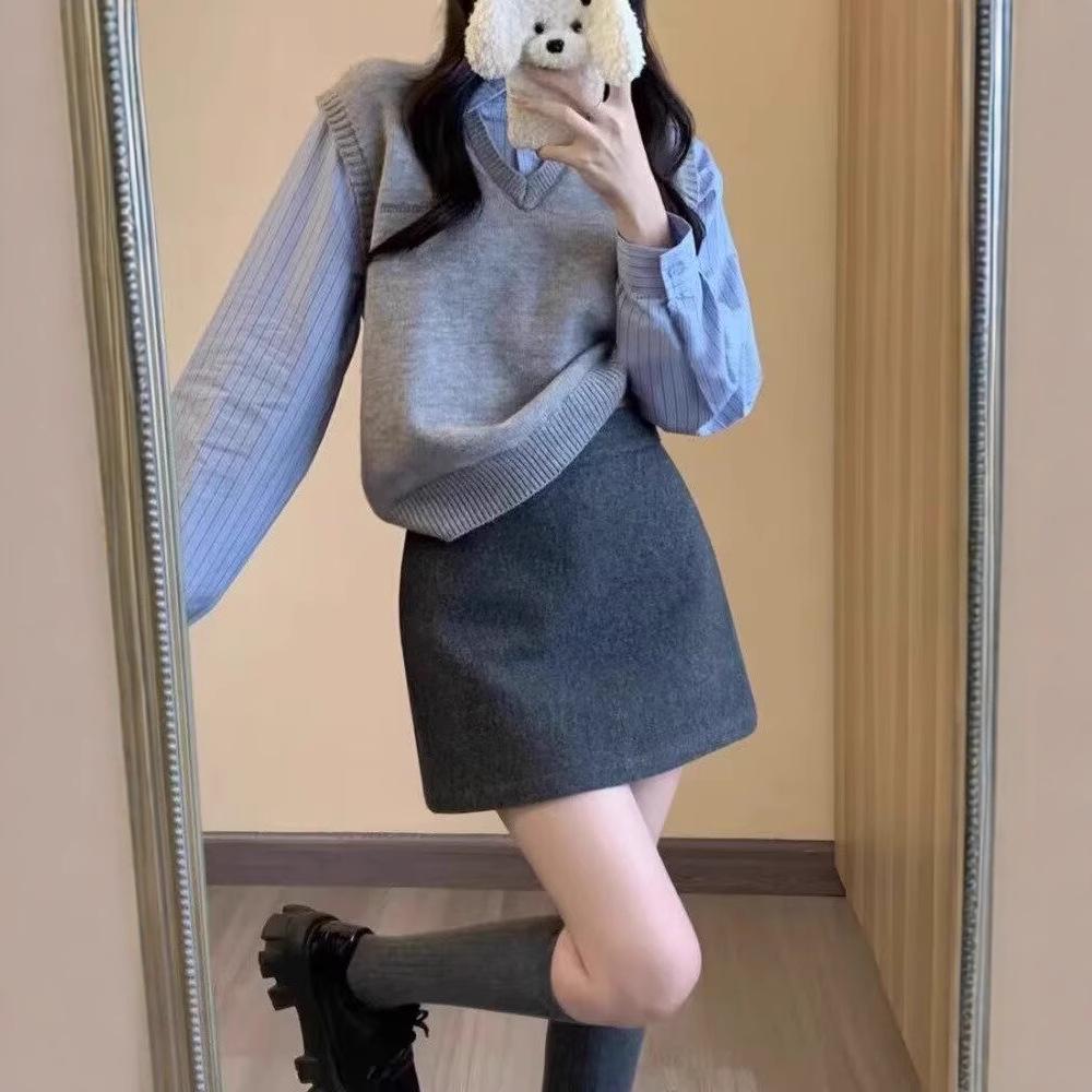 Women's High-Waisted Woolen A-Line Skirt - Gray/Black, 2024 Autumn/Winter Collection