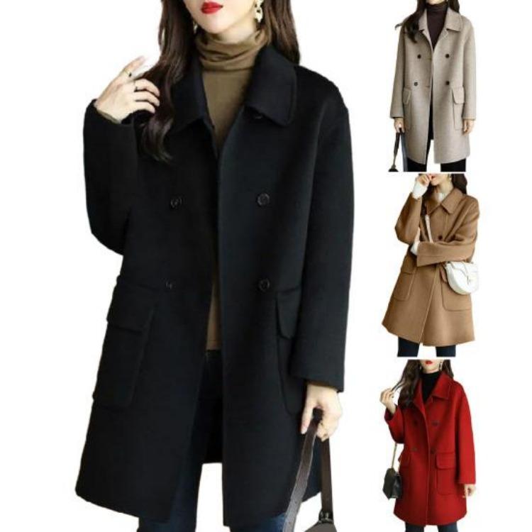 Warm Winter Woolen Coat Double Breasted Lapel Midlength Solid Color Women Overcoat Loose Fit Thickened Flap Pockets Autumn