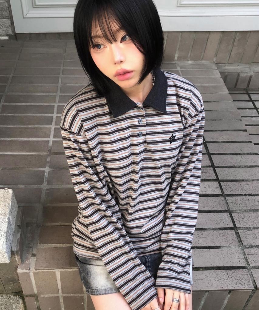CHICKS Striped Polo Collar T-Shirt Charcoal Gray