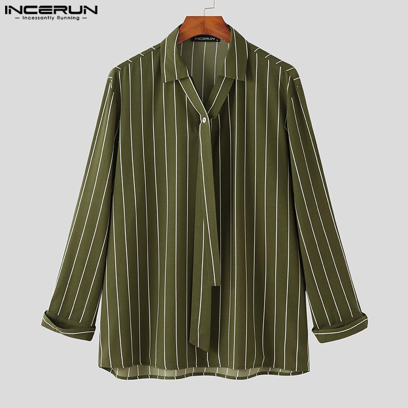 

INCERUN Весенние мужские рубашки в полоску с длинными рукавами и галстуком на пуговицах, свободные топы