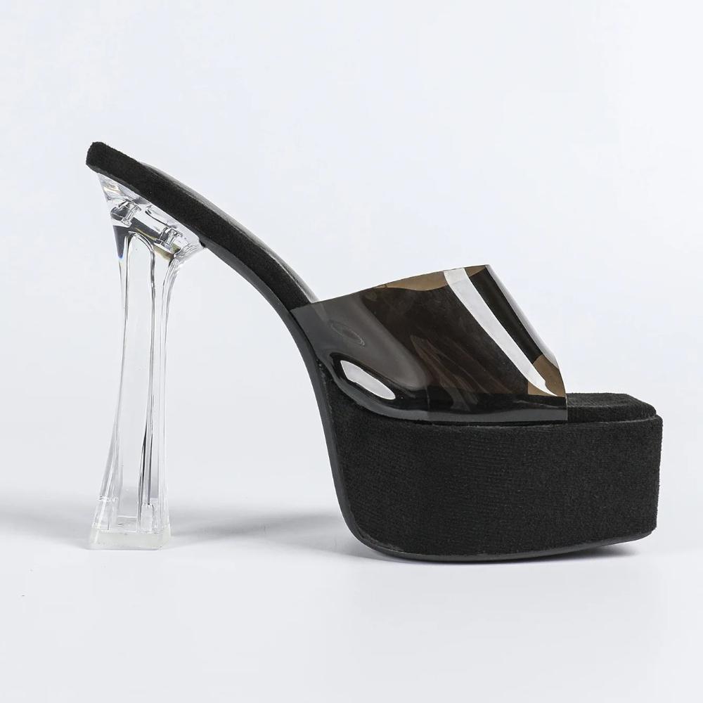 MCLUBGIRL  Crystal Thick Heel Square Transparent Word With High Heel Cool Slippers Skirt Fairy Shoes Catwalk Performa LFD-3640-3