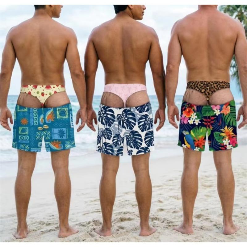 Tropical Plant Flowers Print Fake Buttocks Pattern Funny Men Swim Trunks Perfect Quirky Party Gifts Summer Fashion Beach Shorts