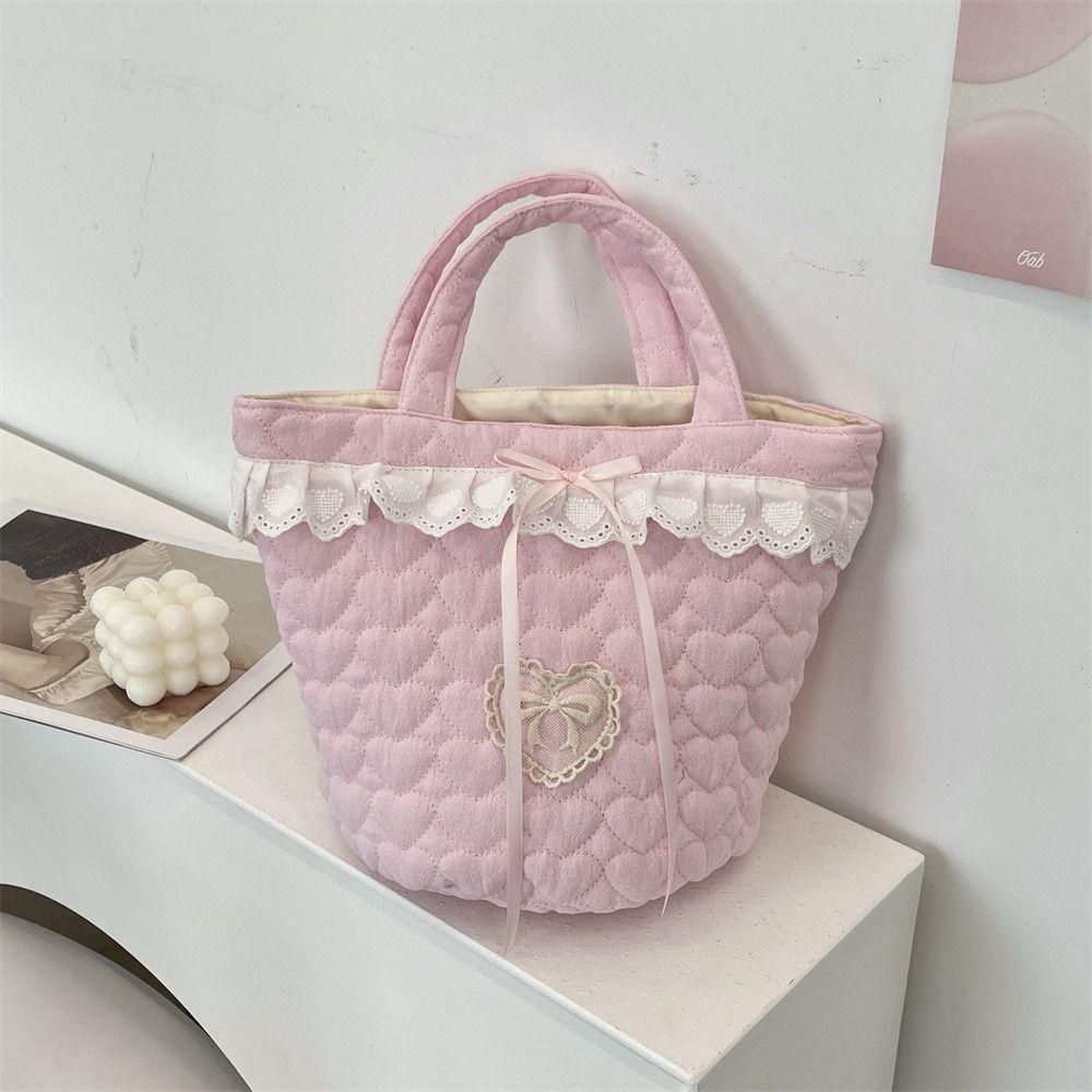Sweet Bowknot Handbag Large Capacity Fresh Lace Lunch Bag Fashion Bucket Bag  Women
