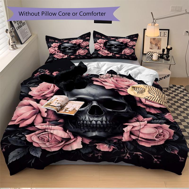 3pcs Skull In Bloom Bedding Set - 1 Soft Quilt Cover + 2 Pillowcases, Machine Washable - Suitable for All Seasons, Perfect Gift for Family and Fr