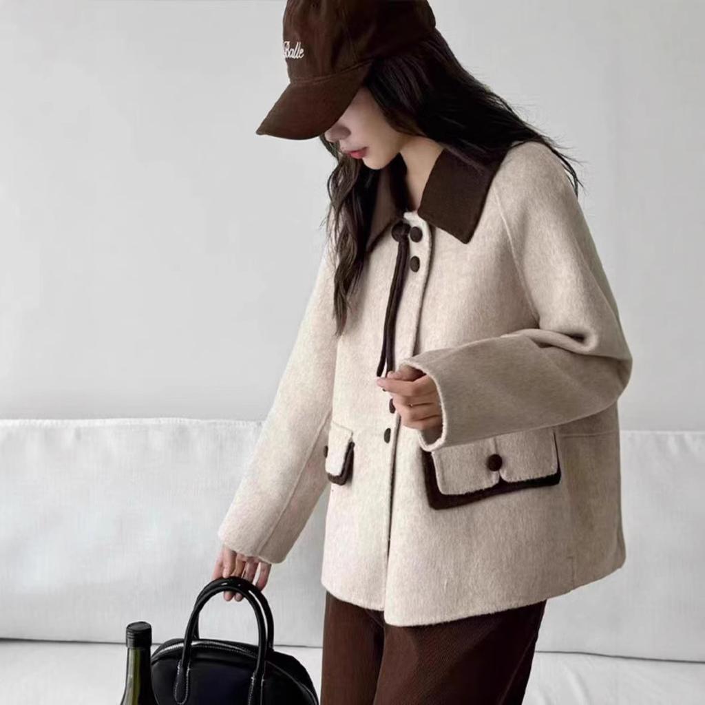 Podzimní a zimní nový luxusní dámský krátký oboustranný vlněný kabát s vysokým poměrem gramů, vlněný kabát na dojíždění