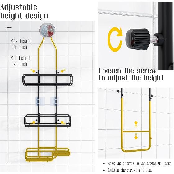 Shower Caddy Hanging Bathroom Organizer: Over Head Adjustable Rack for Tall Showerhead - Extra Large Storage Shelf for Big Shampoo Bottles with Soap