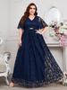 Elegant Navy Blue Lace Maxi Dress with V-Neck, Belted Waist, and Floral Embroidery