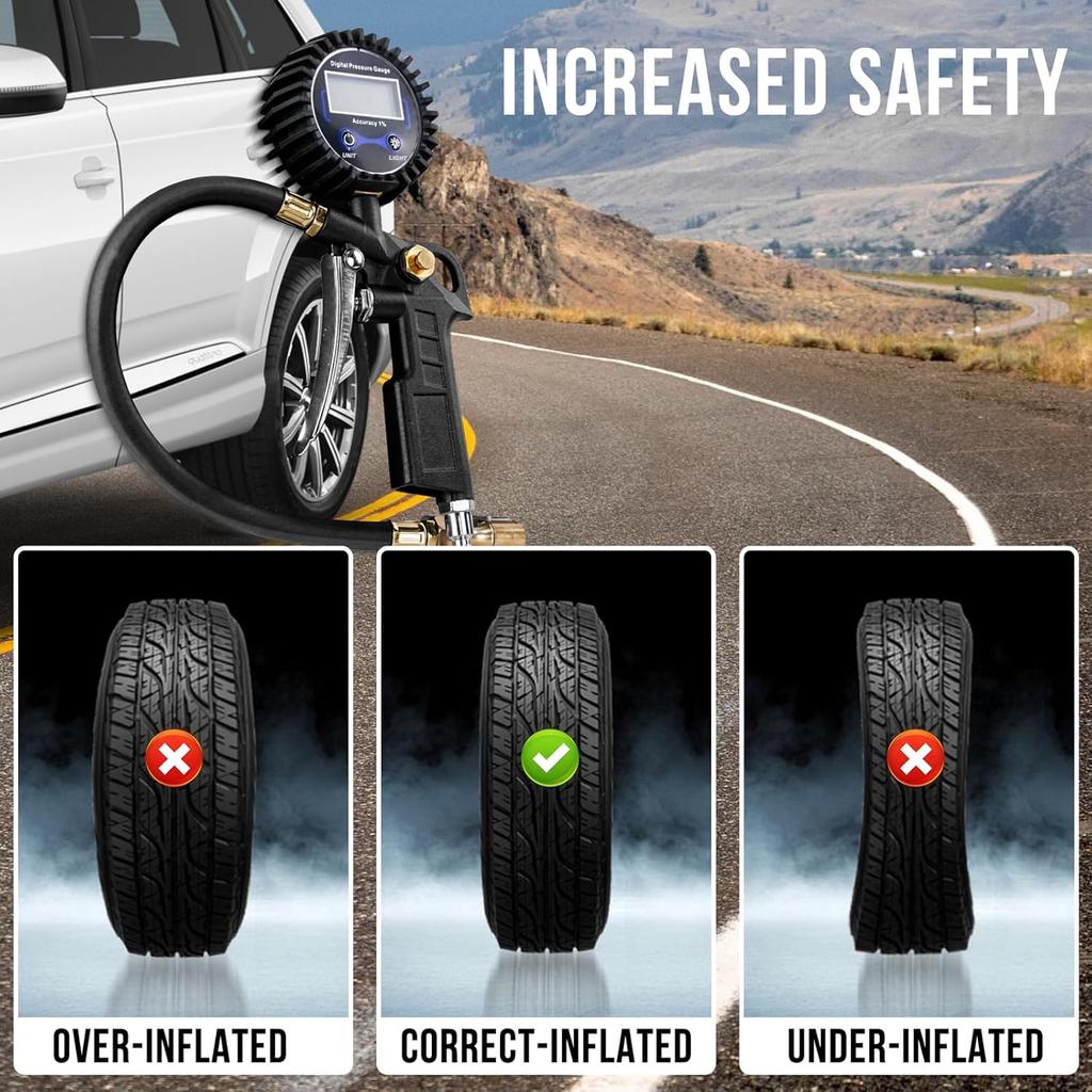 Digital Tire Pressure Gauge with Inflator, 3-250 PSI Air Compressor Accessories with Air Chuck Quick Connect Coupler, Car Attachments with Rubber