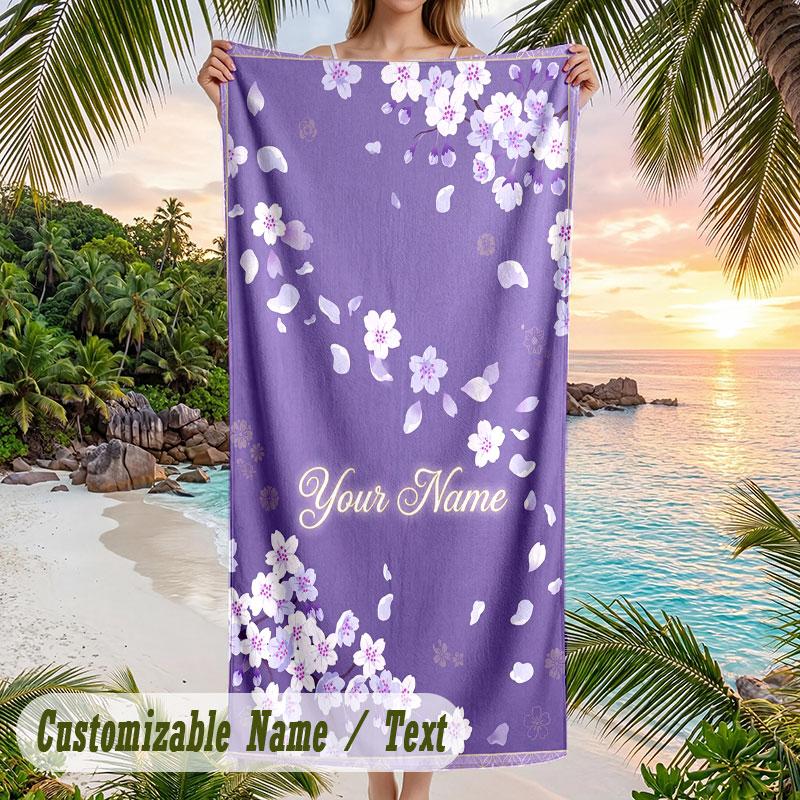 Cherry Blossom Artwork Theme Quick Dry Beach Towel Custom Name Text Print Large Sand Resistant Towel Beach Vacation