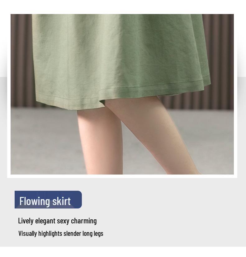 Šaty střední délky z bavlny a lnu v korejském stylu s volnými harmonikovými sklady, léto 2023 - Zeštíhlující design s krátkým rukávem pro ženy