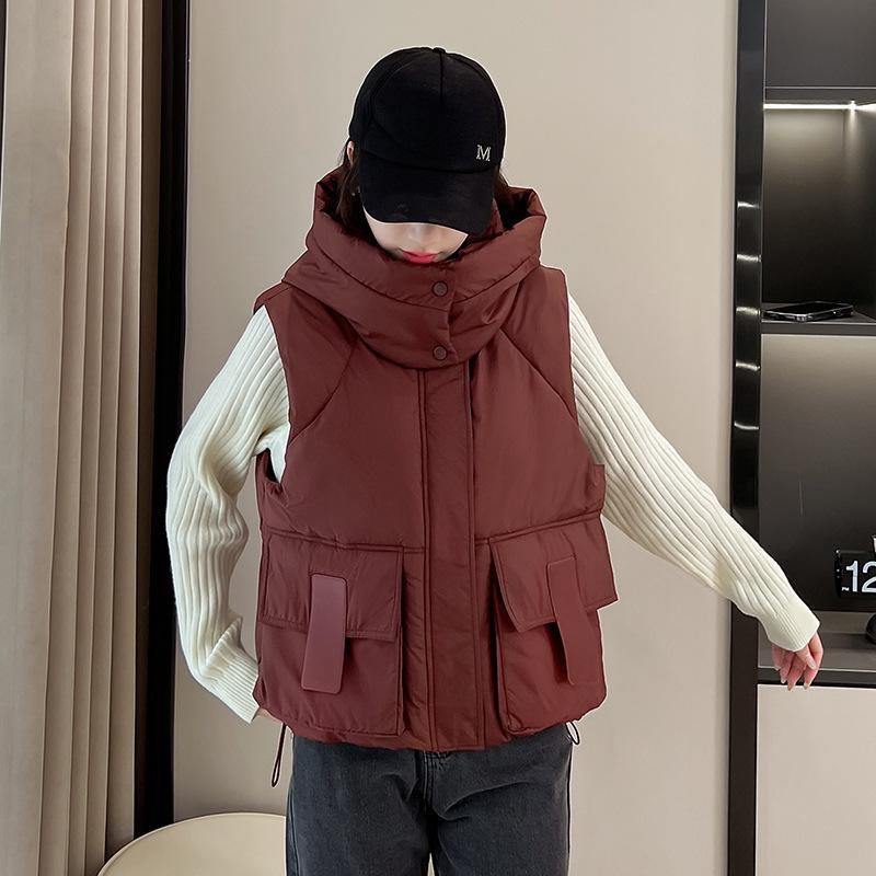 

Женский стеганый жилет с капюшоном в корейском стиле 2024 - Свободный, Плотный, Теплый, Модный жилет без рукавов для осени и зимы Medium бордовый