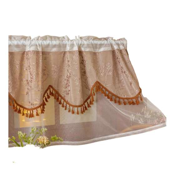 Polyester Tulle Window Valance Jacquard Lace Curtain, 39 Inch Vintage Embroidered Floral Valance, Semi Light Filtering Small Panel Sheer Swag with Rod