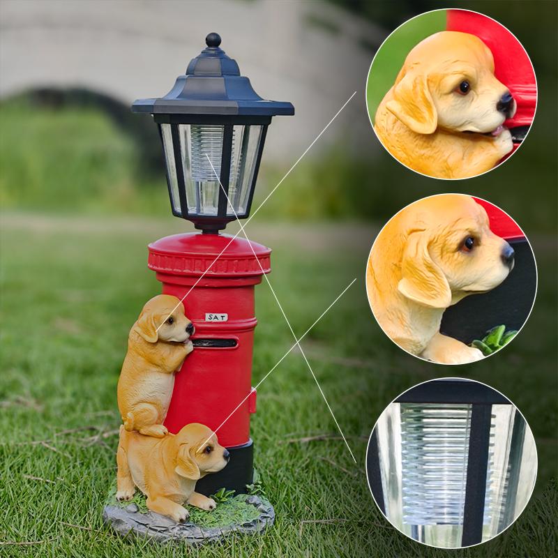 Solar Hexagonal Light with Dog Lying On Mailbox Sculpture Home Garden, Courtyard, Pathway, and Entrance Decorative Light Fixture