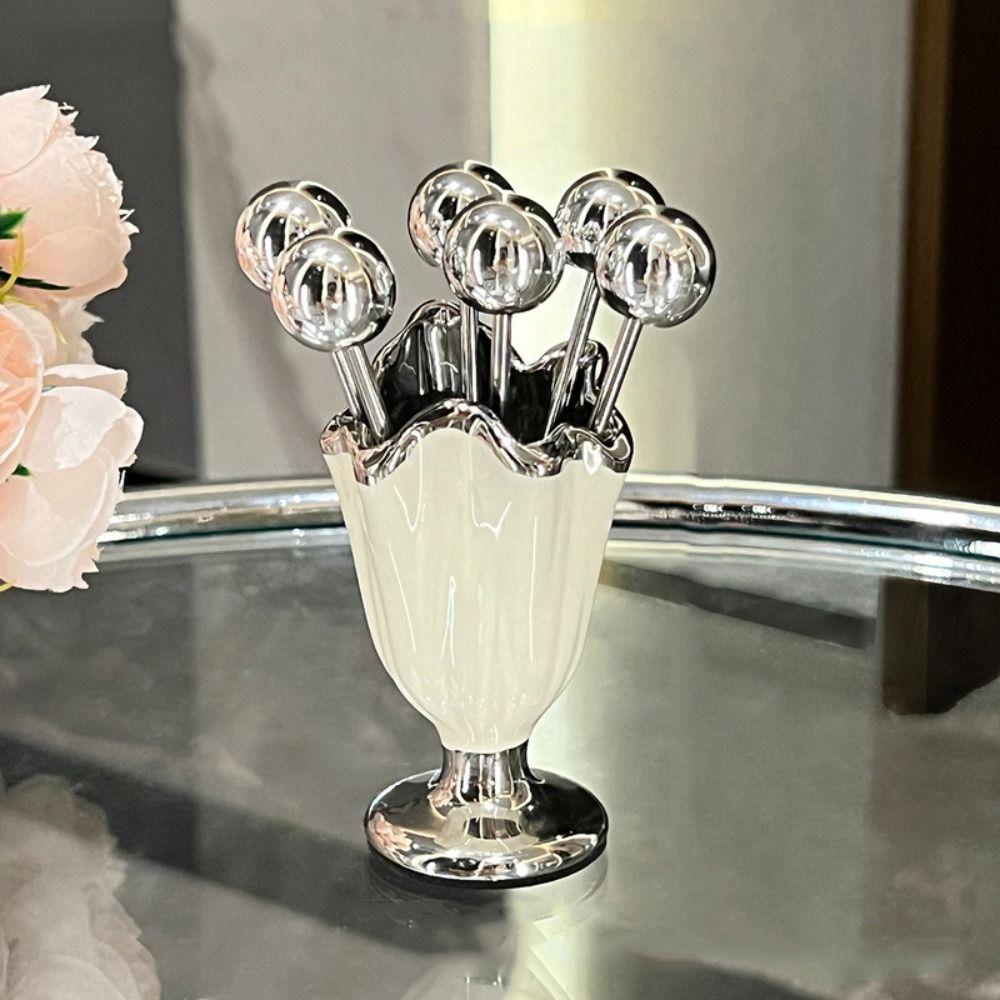 6Pcs Light Luxury Dessert Forks with Holder Stainless Steel Fruit Picks Storage Jar Set  Living Room