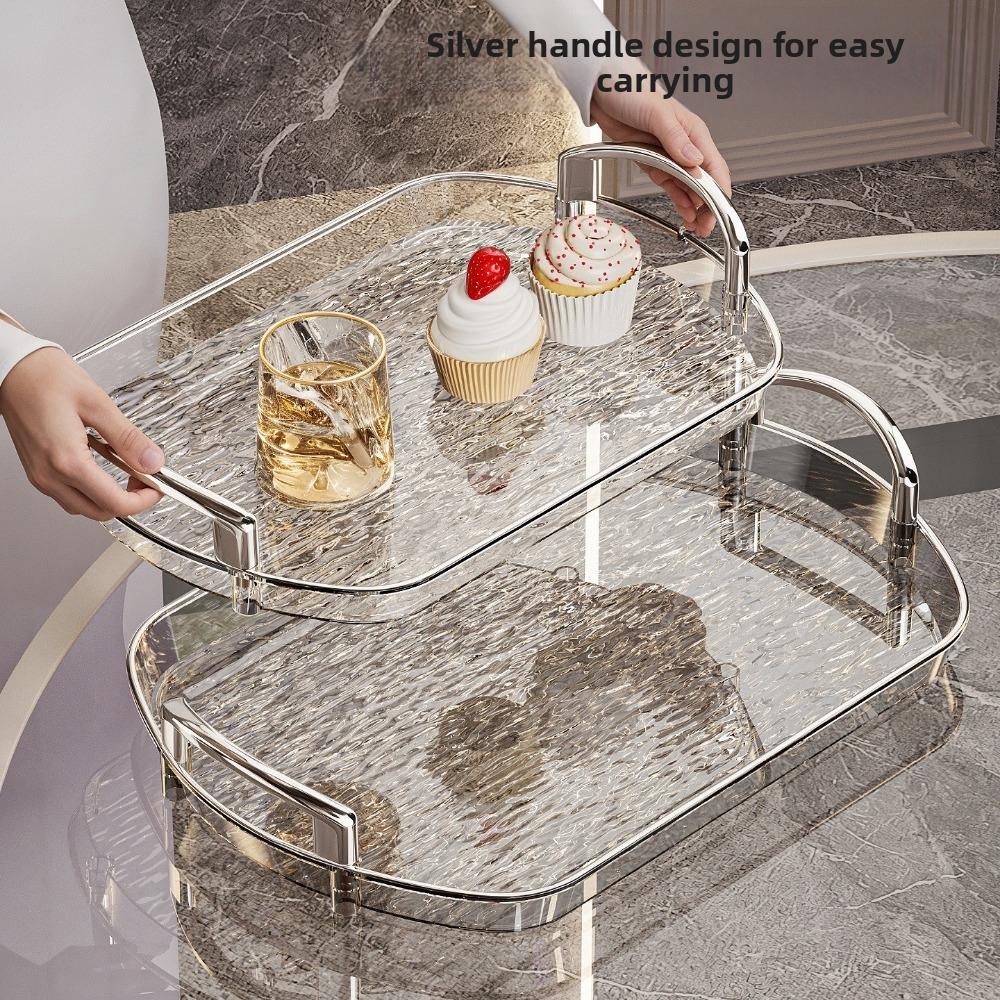 Transparent Clear Luxury Tray Rectangular Double Handles Decorative Tray Large Capacity Gold Rim Storage Tray Home Decor