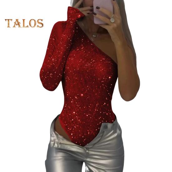 Women Sexy Sequin Bodysuit Long Sleeve One Shoulder Tube Top Jumpsuit Ladies Skinny One Piece Romper Playsuit for Parties Clubs Bars