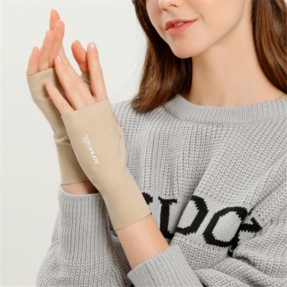 Women Thick Autumn Fingerless Mittens Plush Half-finger Knitted Gloves бежевый