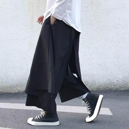 Men's Loose Fit Pants Hip-Hop Wide Leg Pants with Pockets Casual Black Layered Pants for Everyday Wear Street