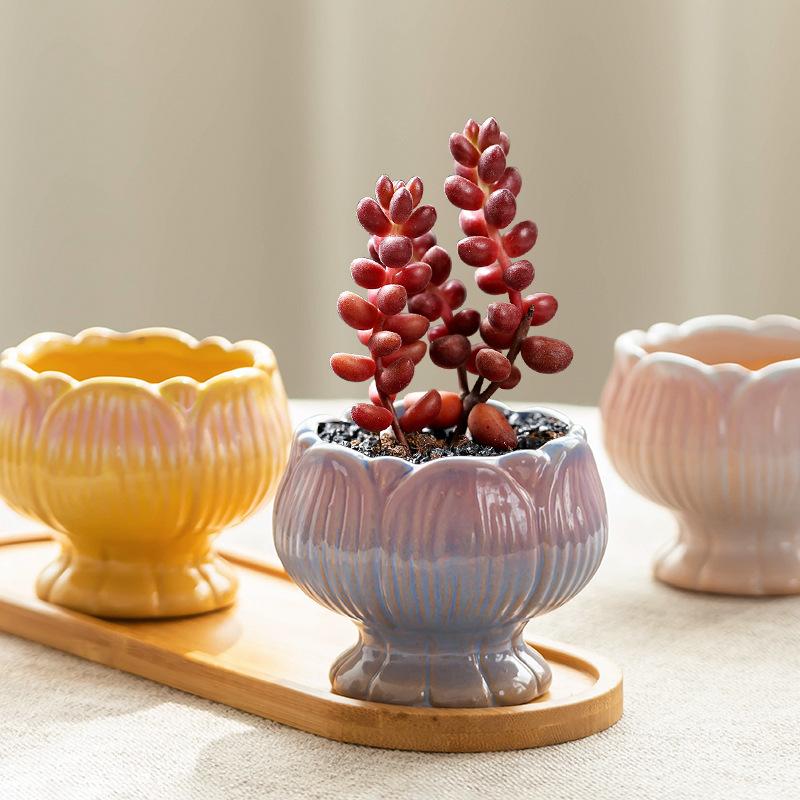 Creative Ceramic Flowerpot Petal-Rim / Lotus Shape Succulent Planter Desktop Ornament for Home Garden Decor