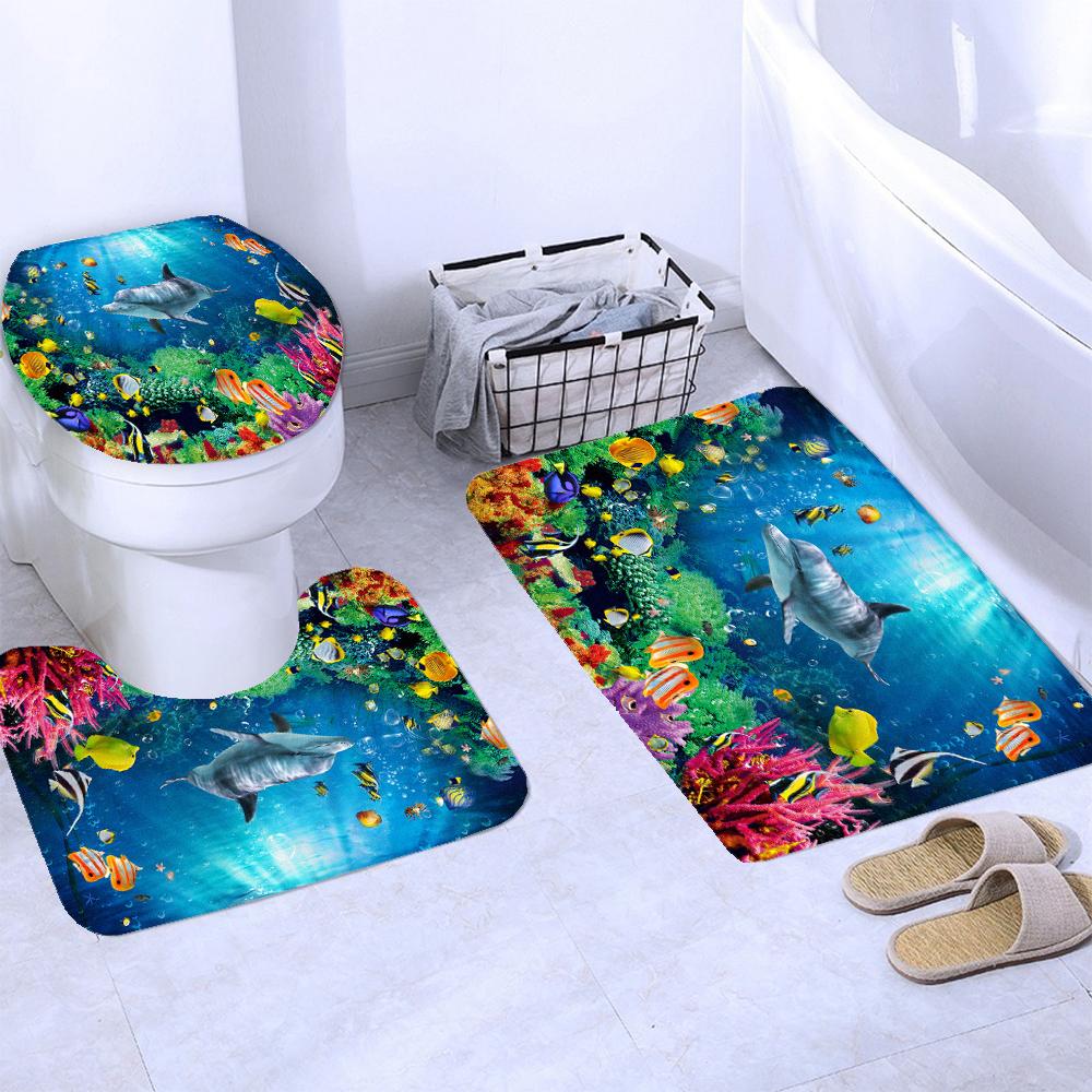 Dream Starry Sky Ocean Jellyfish Bathroom Waterproof Shower Curtain Set with 12 Hooks Bath Non-Slip Mat Rugs Toilet Seat Cover