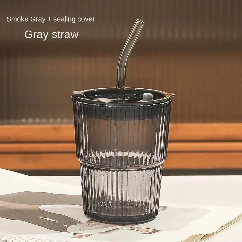 

Сетчатая красная ветровая вертикальная полоска Ins Coffee Glass Cap straw Water Cup Красивая кружка для американского кофе со льдом Latte Milk Cup 450 мл 301-400ml